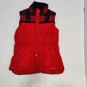 Eddie Bauer Buffalo Plaid Check Puffer Vest Women's Small Red Black Zip & Snap